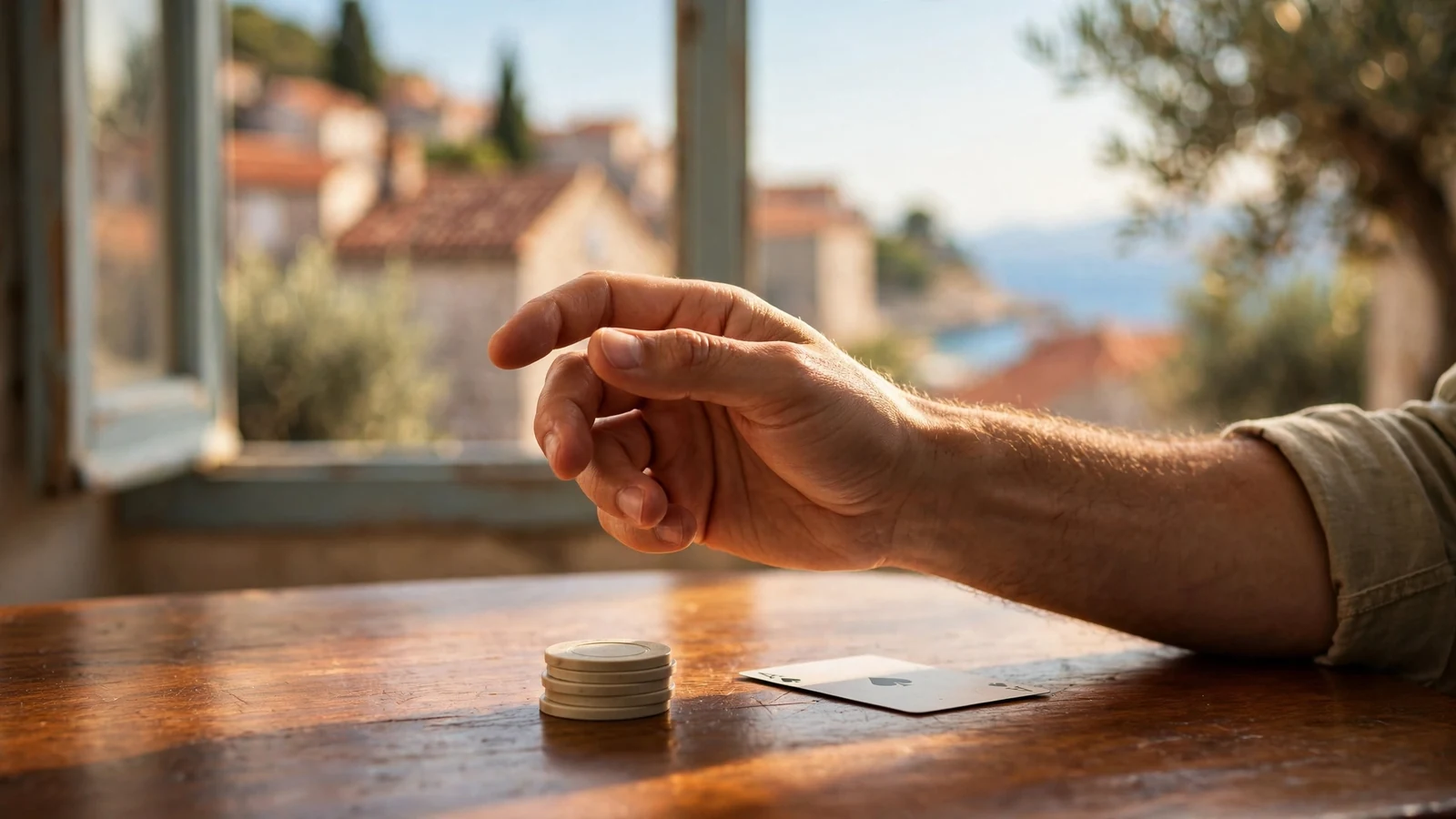 Ruka zastaje iznad stola sa žetonima i kartom u toploj mediteranskoj svjetlosti.